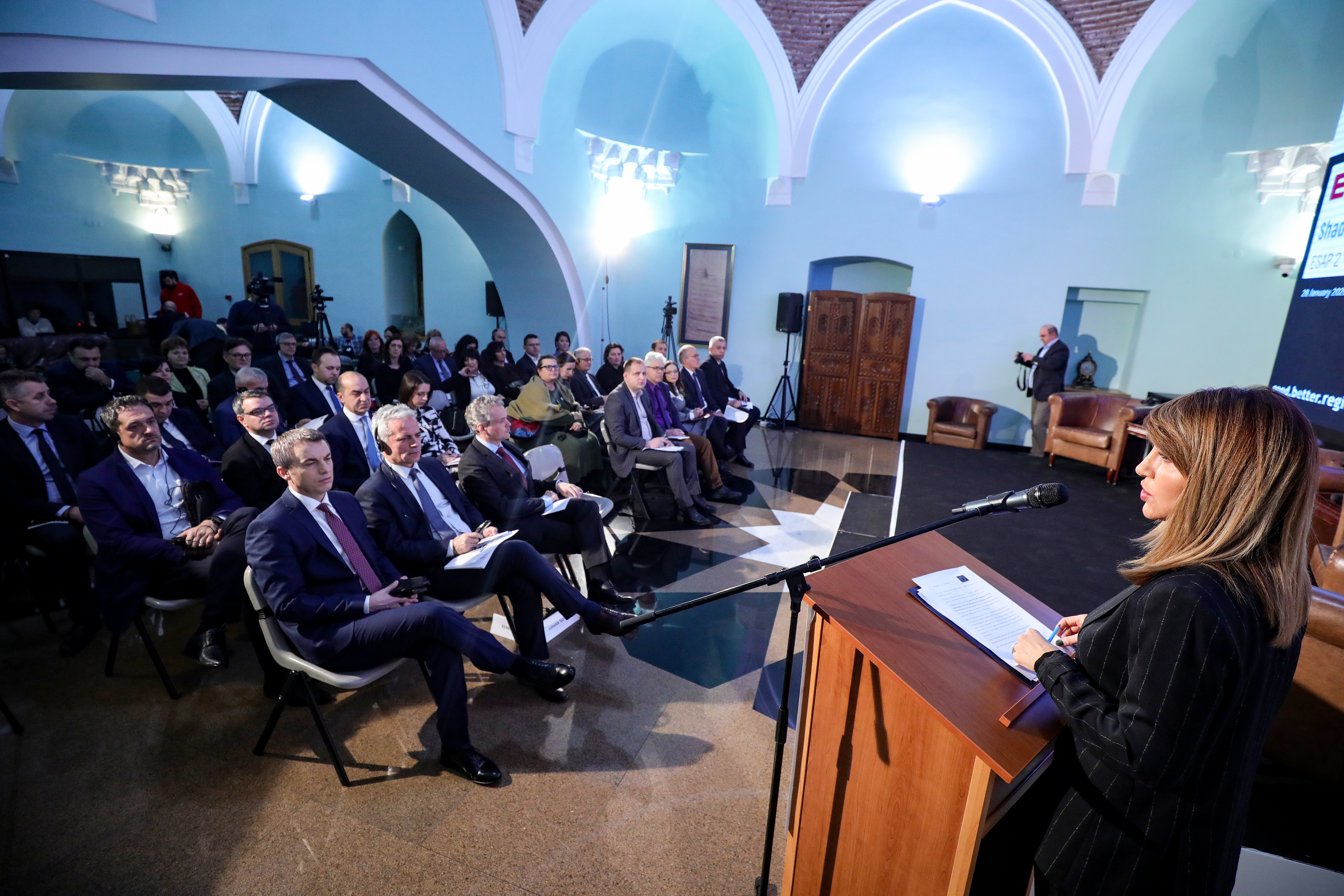 Secretary General Majlinda Bregu speaking at the Regional Conference “Employment - Shades of Grey in the Western Balkans: Regional Perspectives on Creating More and Better Jobs”, marking beginning of the Phase two of the RCC’s Employment and Social Affairs Platform Project - ESAP 2, in Sarajevo on 28 January 2020 (Photo: RCC/Armin Durgut)