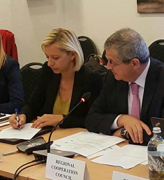 RCC Deputy Secretary General, Gazmend Turdiu and Maja Pinjo Talevska, Senior Programming Expert at the Fourth Meeting of the SEE 2020 Programming Committee in Vienna on 29 September. (Photo: RCC/Nedima Hadziibrisevic)