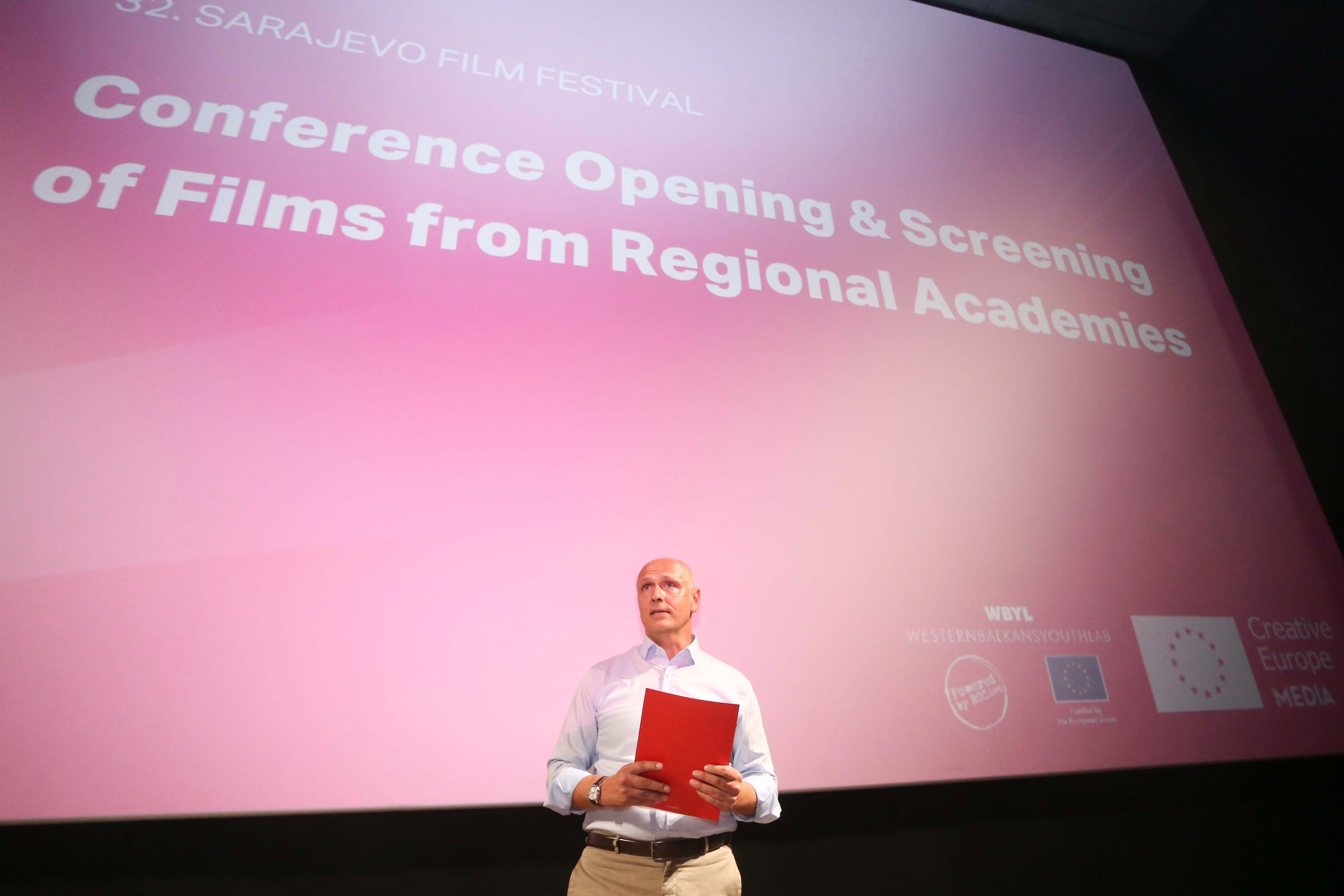RCC Secretary General Amer Kapetanovic speaking at the Second Regional Conference on Youth Cultural Cooperation, organized by RCC's WBYL in cooperation with SFF, in Sarajevo on 15 August 2026 (Photo: Jasmin Sakovic)