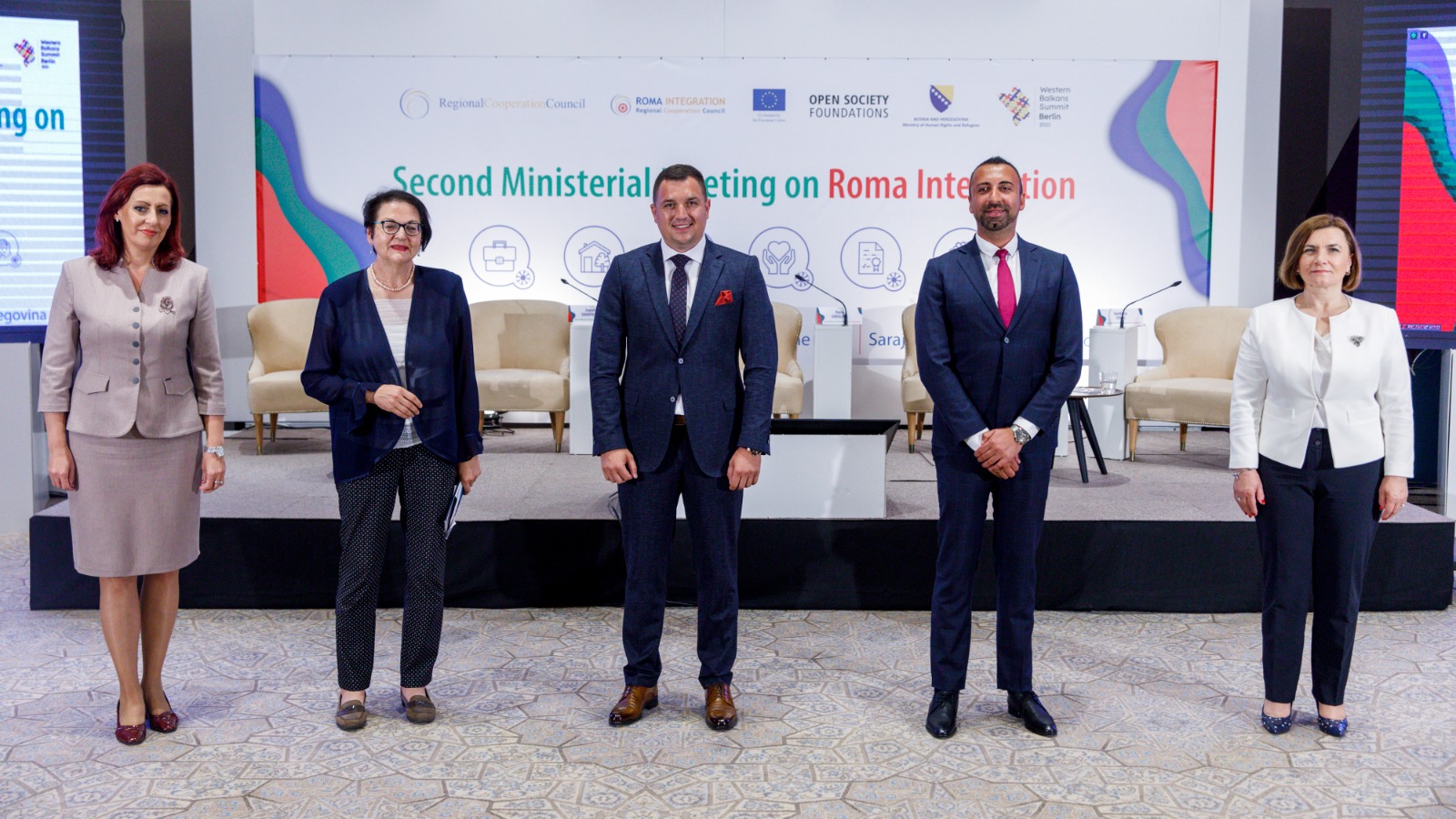 Orhan Usein, Head of Office at RCC's project Roma Integration (second on the left) with Westren Balkans Heads of Delegations at the Ministerial meeting on Roma Integration, in Sarajevo on 28 June 2021 (Photo: RCC/Armin Durgut)