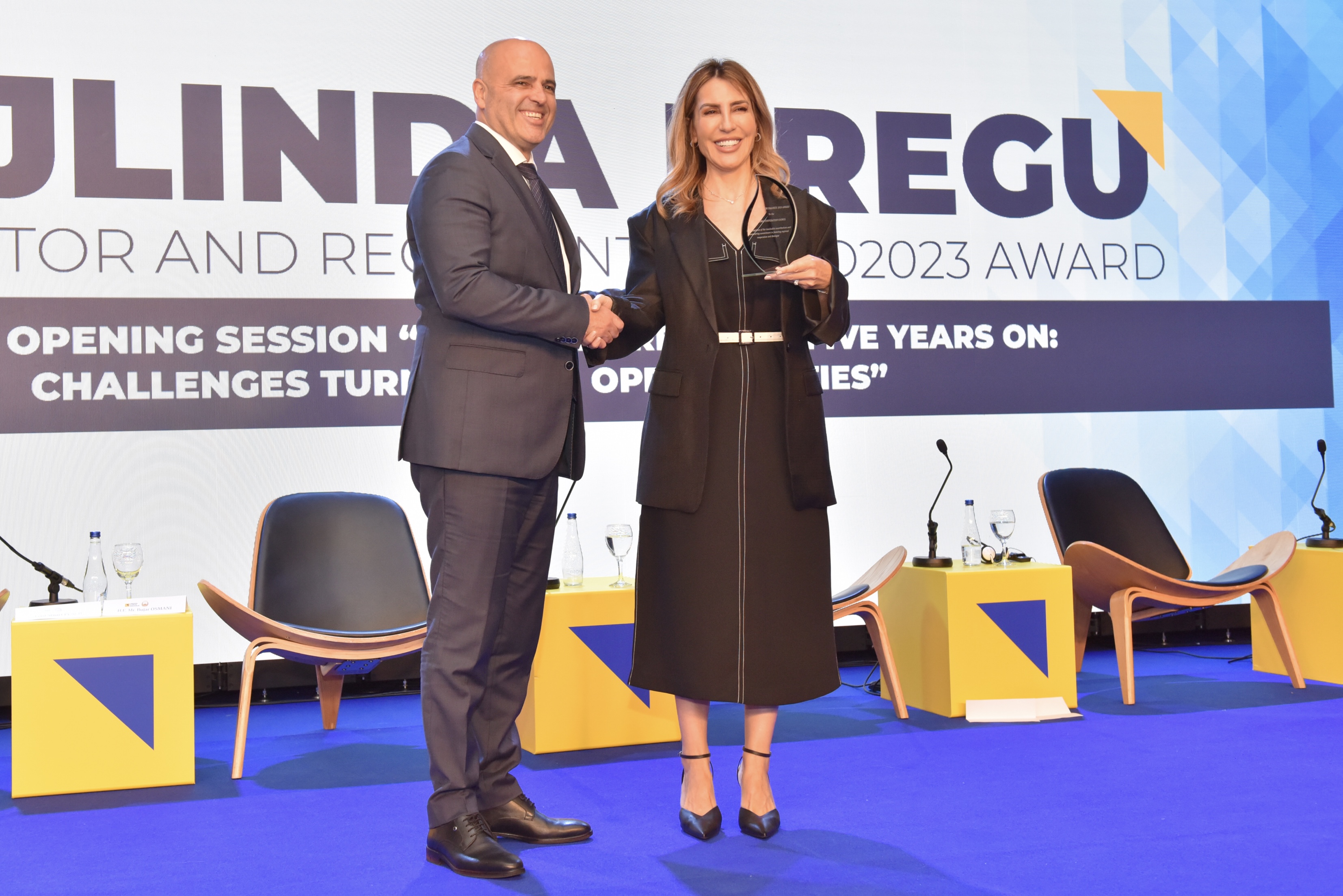 RCC secretary General Majlinda Bregu receiving the annual Prespa Forum Dialogue Award from the Prime Minister of North Macedonia Dimitar Kovachevski at a ceremony held on 15 June 2023 (Photo: RCC/Dimitar Miladinov)