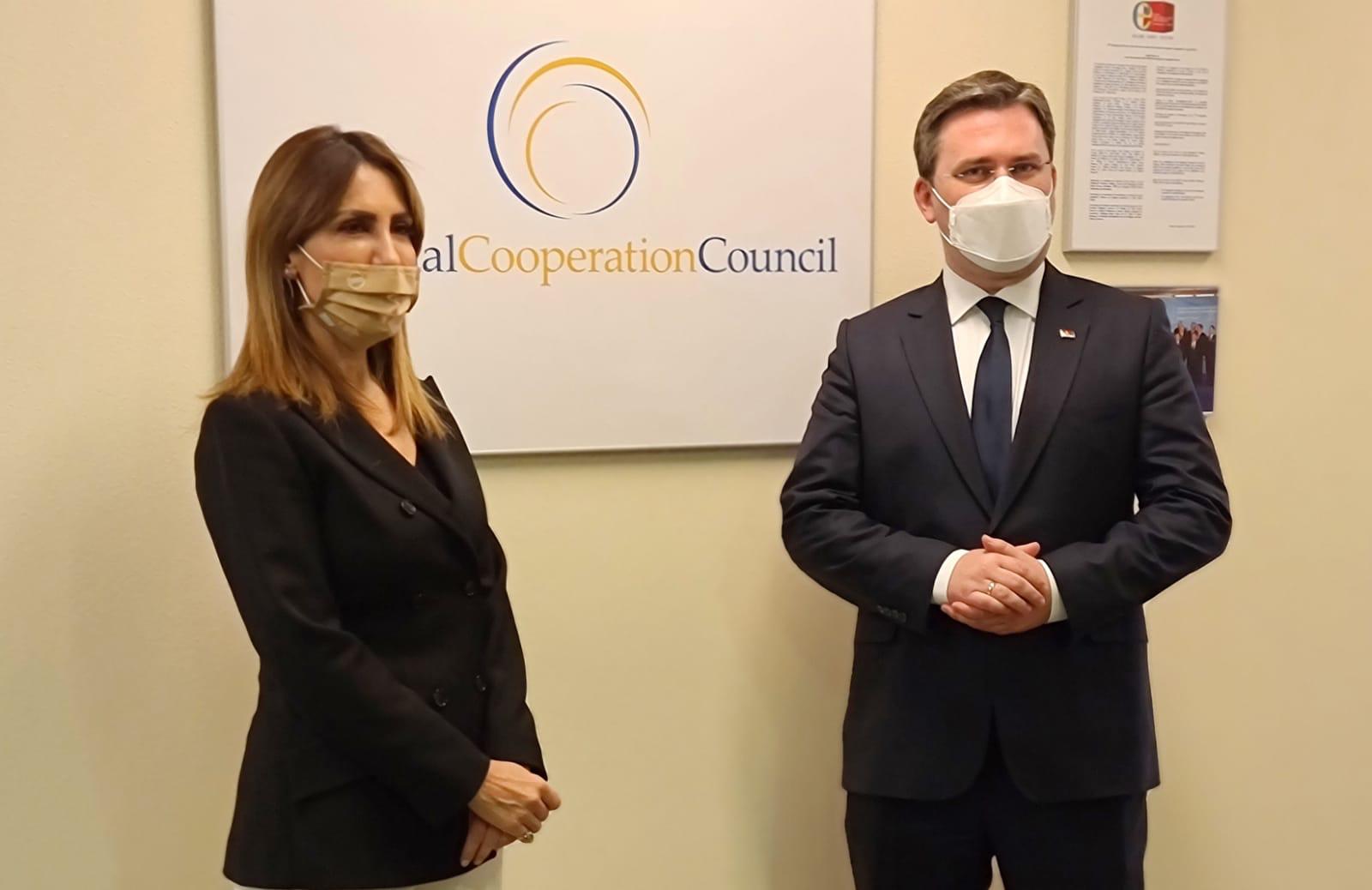 RCC Secretary General Majlinda Bregu with Minister of Foreign Affairs Nikola Selakovic talked discussed the regional cooperation and the implementation of the Common Region Market Action Plan in Sarajevo's RCC headquarter on 17 March 2021 (Photo: RCC/Selma Ahatovic-Lihic)