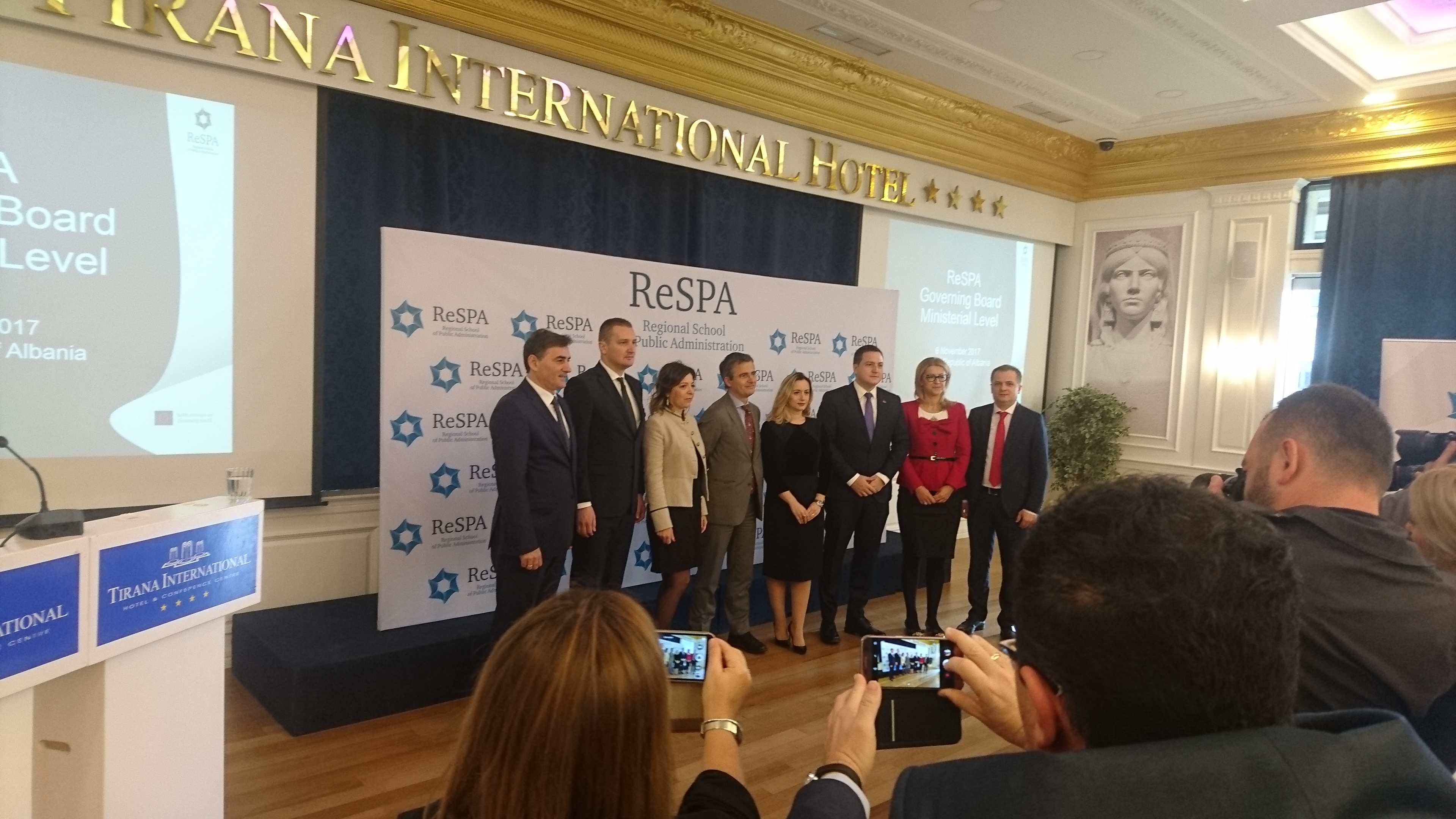 Ministers in charge of public administration reform from Western Balkan economies endorsed the 'Western Balkans Recommendations on Public Participation', at the 8th Governing Board Meeting at Ministerial level, organised by Regional School of Public Administration (ReSPA), on 6 November 2017 in Tirana. (Photo: RCC/Radu Cotici)