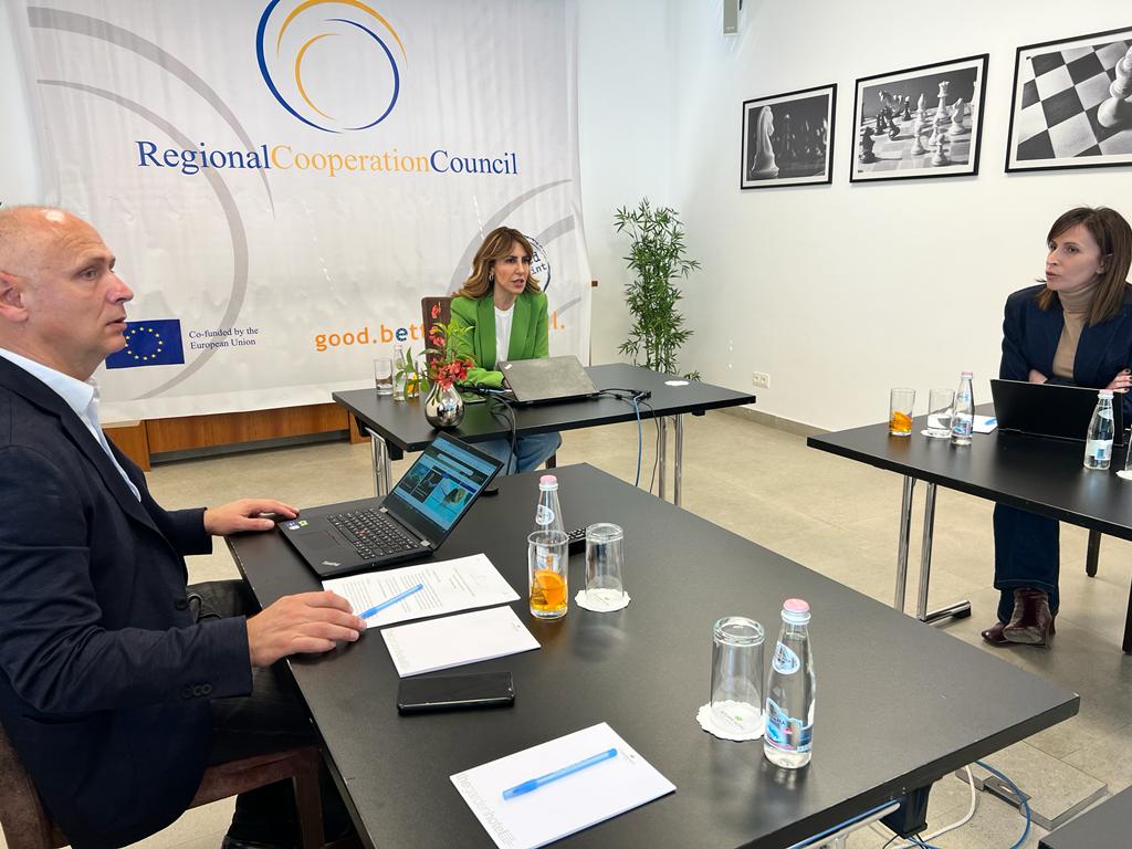 RCC Secretary General, Majlinda Bregu with the Head of RCC Political Department, Amer Kapetanovic and Head of Office of the Secretary General, Elda Kalaja heading the 45th meeting of the RCC Board on 16 March 2022