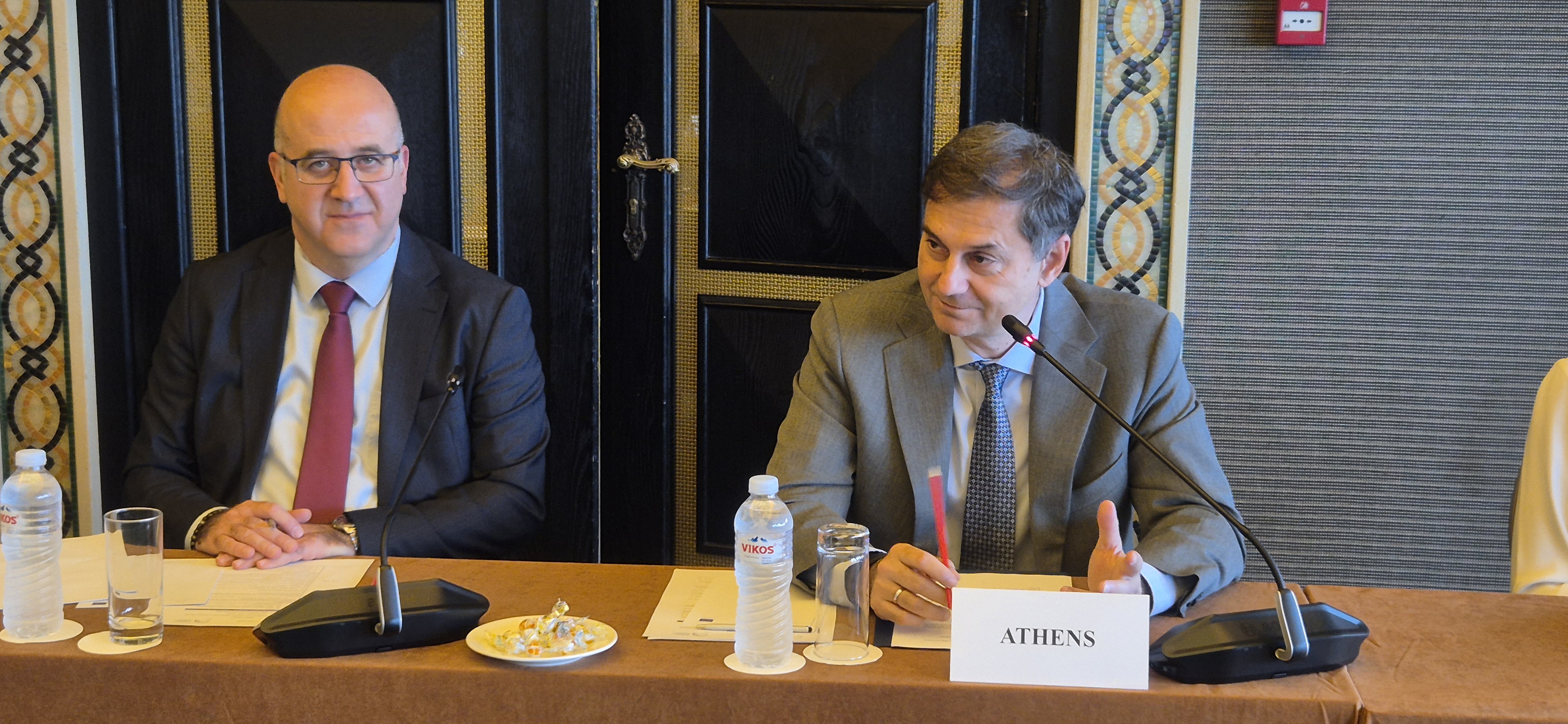 Arslan Umut Ergezer, RCC Deputy Secretary General and Harry Theoharis, Deputy Minister of Foreign Affairs of Greece co-chaired the inaugural meeting of the South East Europe (SEE) Regional Network on Disaster Risk Insurance and Risk Sharing on 19 November 2025 in Athens (Photo: RCC/Natasa Mitrovic)