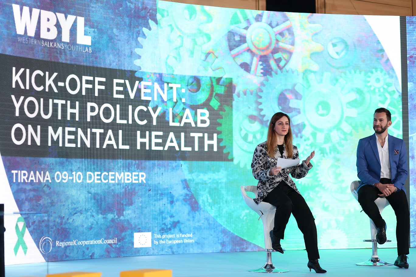 Maja Handjiska Trendafilova, Head of Programme Department, Regional Cooperation Council (RCC) and Ognjen Markovic, RCC’s WBYL Team Leader at the opening of the Youth Lab on Mental Health in Tirana on 9 December 2021 (Photo: RCC/Ani Media)