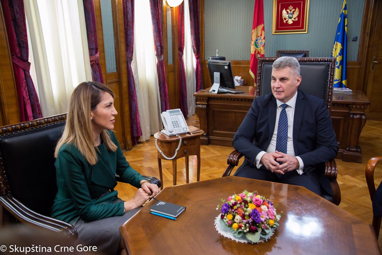 Within the official visit to Montenegro, Secretary General of the Regional Cooperation Council (RCC) Majlinda Bregu met with the Speaker of the Parliament, Ivan Brajović, in Podgorica on 22 February 2019 (Photo: Courtesy of the Parliament of Montenegro)