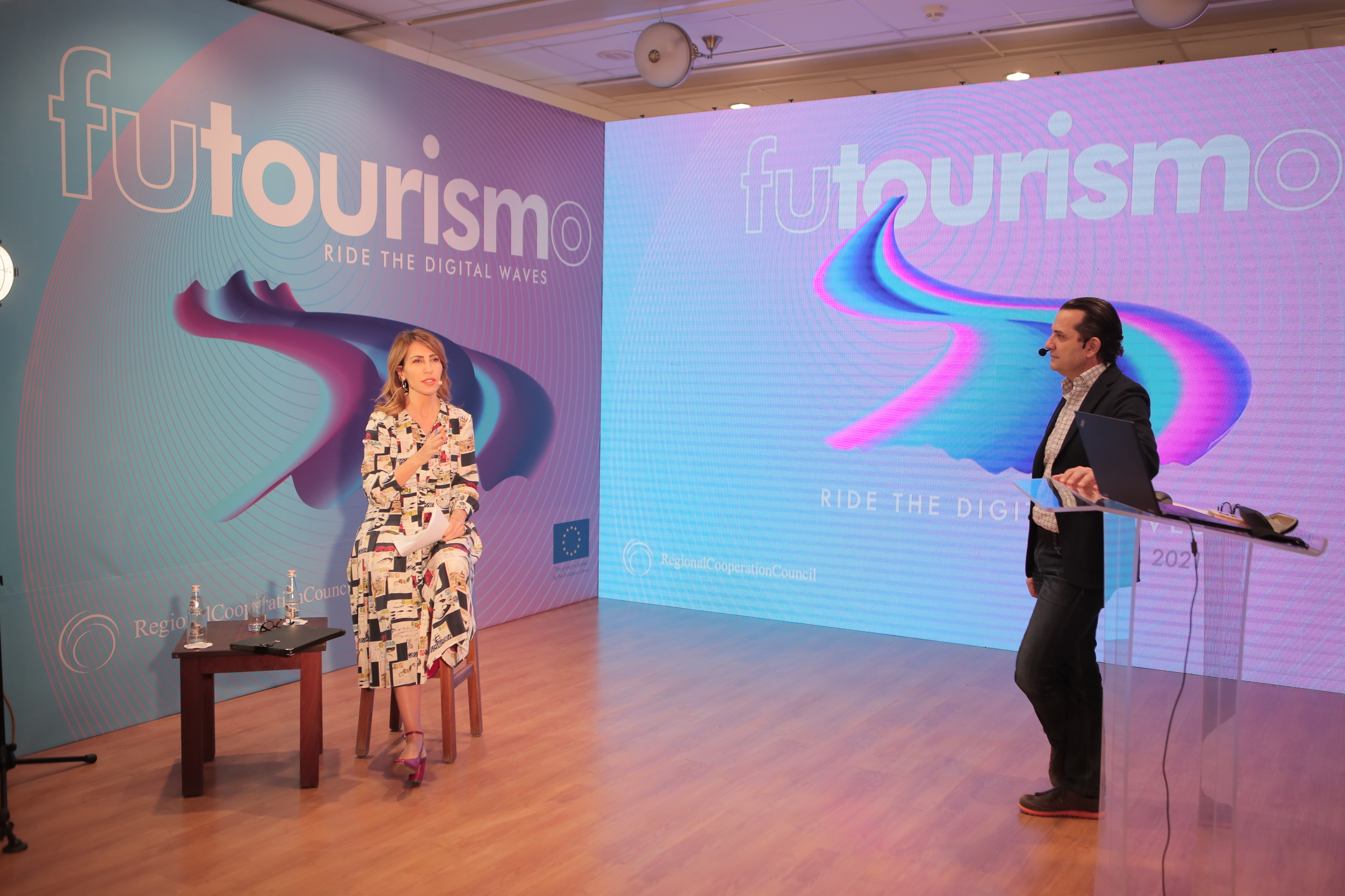 RCC Secretary General Majlinda Bregu and Acting Team Leader of RCC's Tourism Promotion and Development project Nikolaos Parastatidis at the award ceremony of the first regional FUTOURISMO competition held online on 2 March 2020 (Photo: RCC/Ani Media)