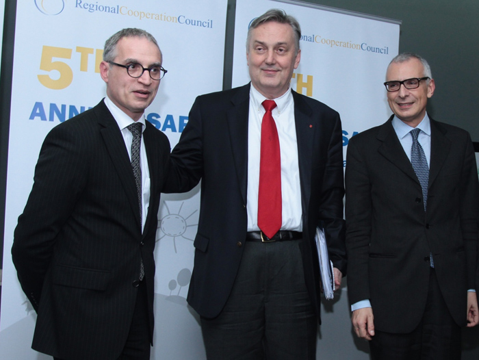 RCC Secretary General, Goran Svilanović (left), Deputy Chair of the BiH Council of Ministers and Minister of Foreign Affairs, Zlatko Lagumdžija (centre), and Director General for Enlargement of the European Commission Stefano Sannino, at the event marking the 5th RCC Anniversary, in Sarajevo, BiH, on 27 February 2013. (Photo: Regional Cooperation Council)