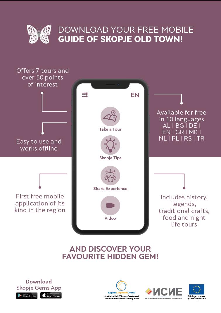 The mobile application – Skopje Gems, developed by the Institute for Strategic Research and Education (ISIE), RCC's funded Tourism Development and Promotion Project grantee, which is to guide tourists in Skopje Old Town was presented on 18 may 2019 in Skopje (Illustration: ISIE)