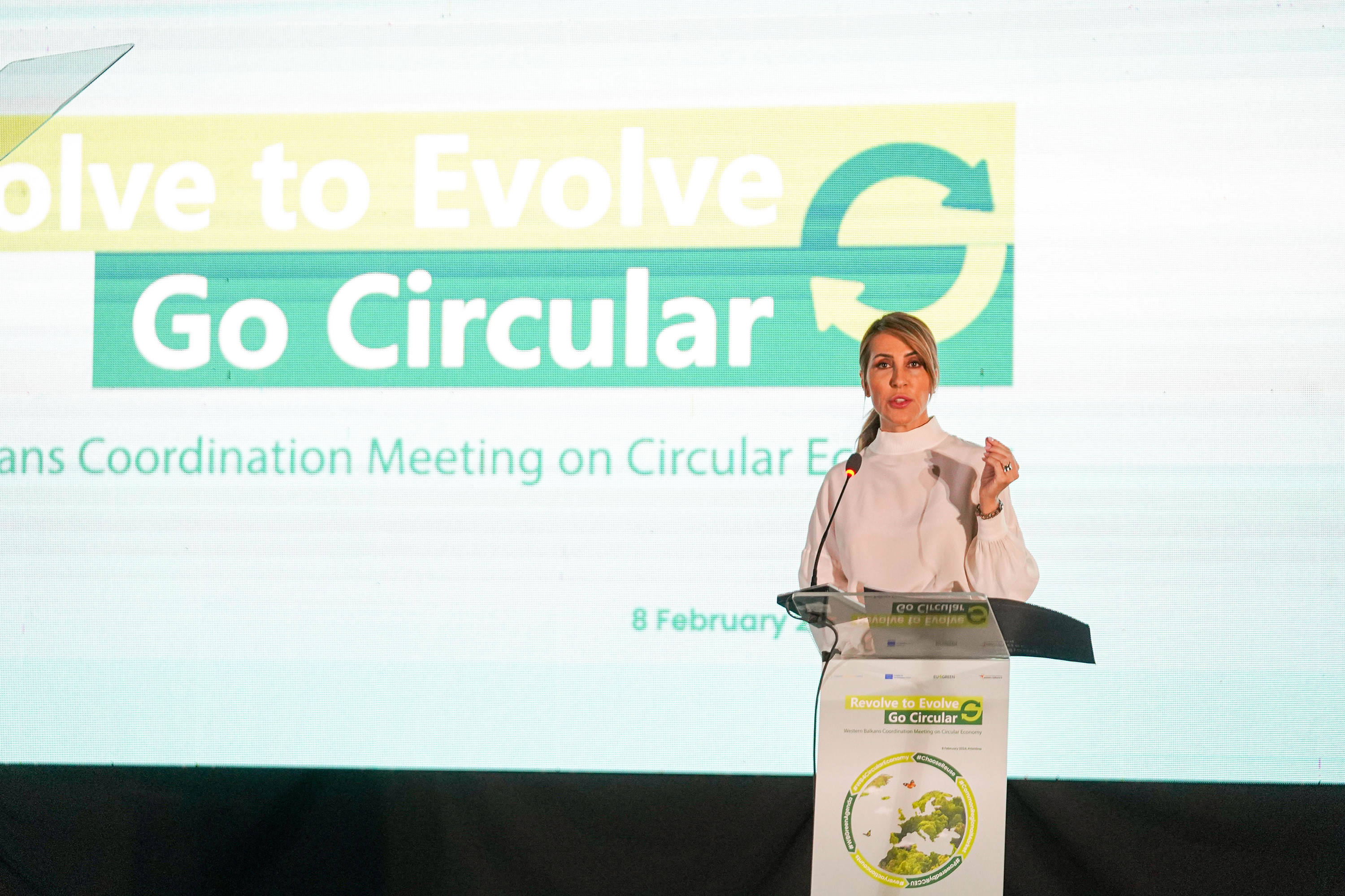 RCC Secretary General Majlinda Bregu opening the Western Balkans Coordination Meeting dubbed  Revolve to Evolve - Go Circular on 8 February 2024 in Pristina (Photo: RCC/Andi Qarri)