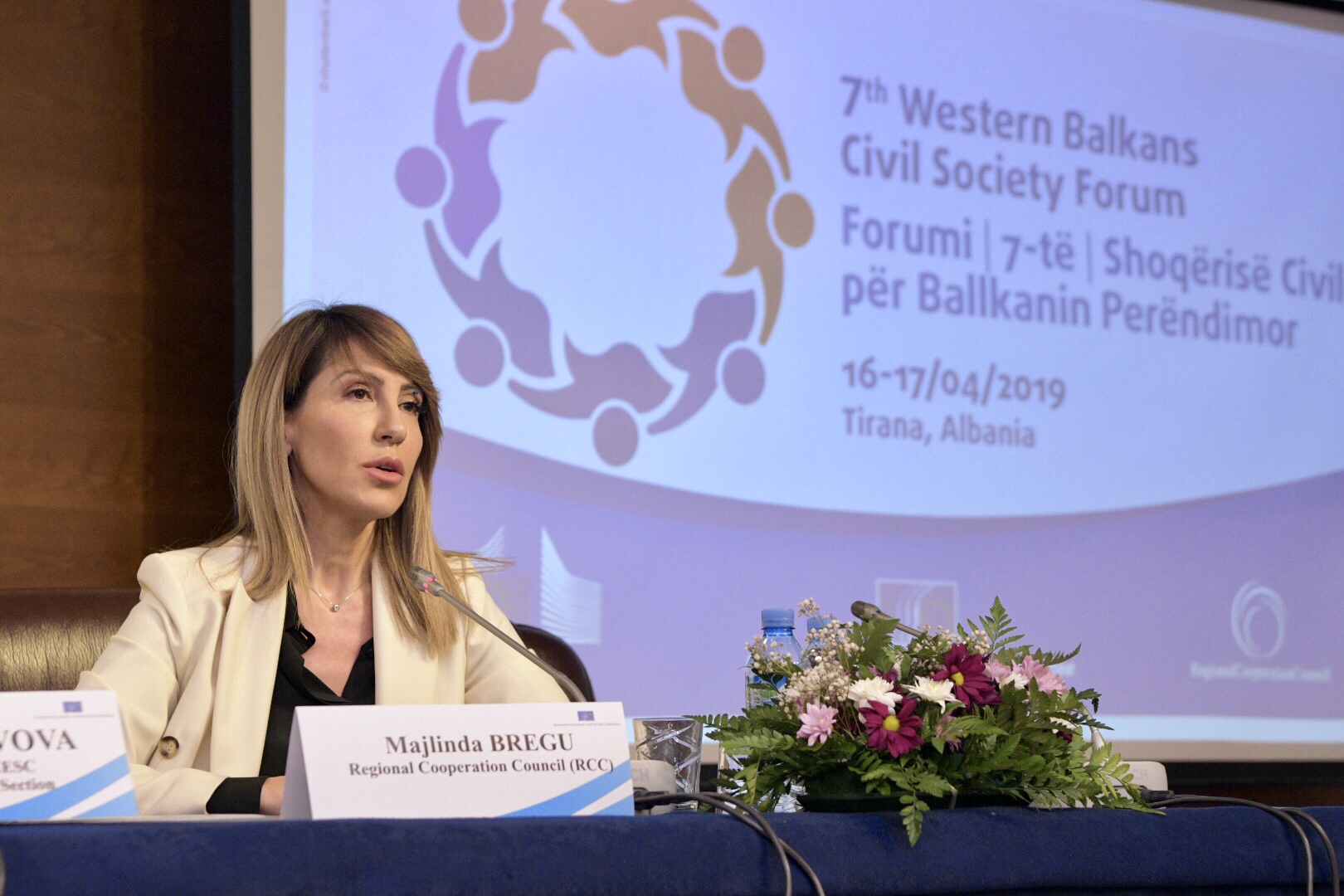 RCC Secretary General Majlinda Bregu at the 7th Western Balkans Civil Society Forum, in Tirana on 16 April 2019 (Photo: RCC/Armand Habazaj)