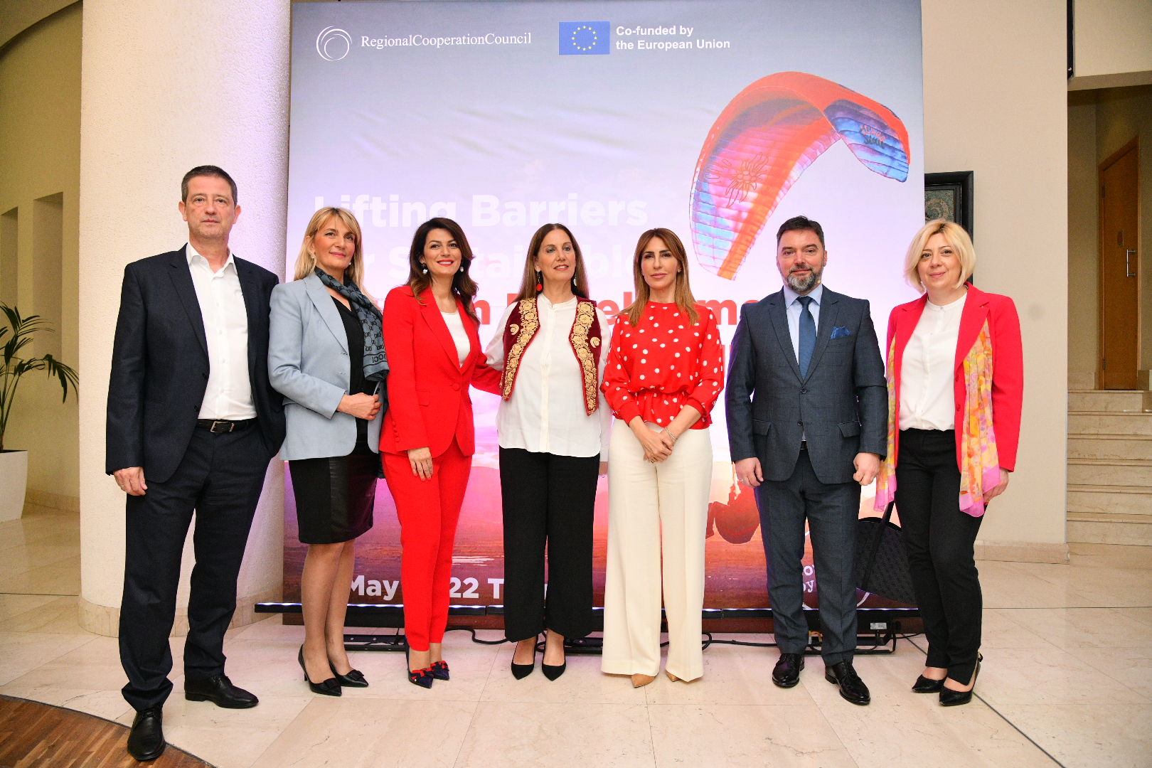 From left to right: George Tziallas, Regional Director for Europe and North Africaat
World Travel & Tourism Council (WTTC) , Aleksandra Gardasevic-Slavuljica, Director General for Tourism Developing
Policies, Ministry of Economic Development and Tourism from Montenegro, Tatjana Matic, Minister of Trade, Tourism and Telecommunication, Serbia, Mirela Kumbaro, Minister of Tourism and Environment from Albania, RCC Secretary General Majlinda Bregu, Stasa Kosarac, Minister of Foreign Trade and Economic Relations, Bosnia and Herzegovina and Edita Djapo, Minster of tourism of Fedaration BiH at the the ministerial conference on “Lifting Barriers for Sustainable Tourism Development in the Western Balkans”, in Tirana on 12 May 2022 (Photo: RCC/Armand Habazaj)
