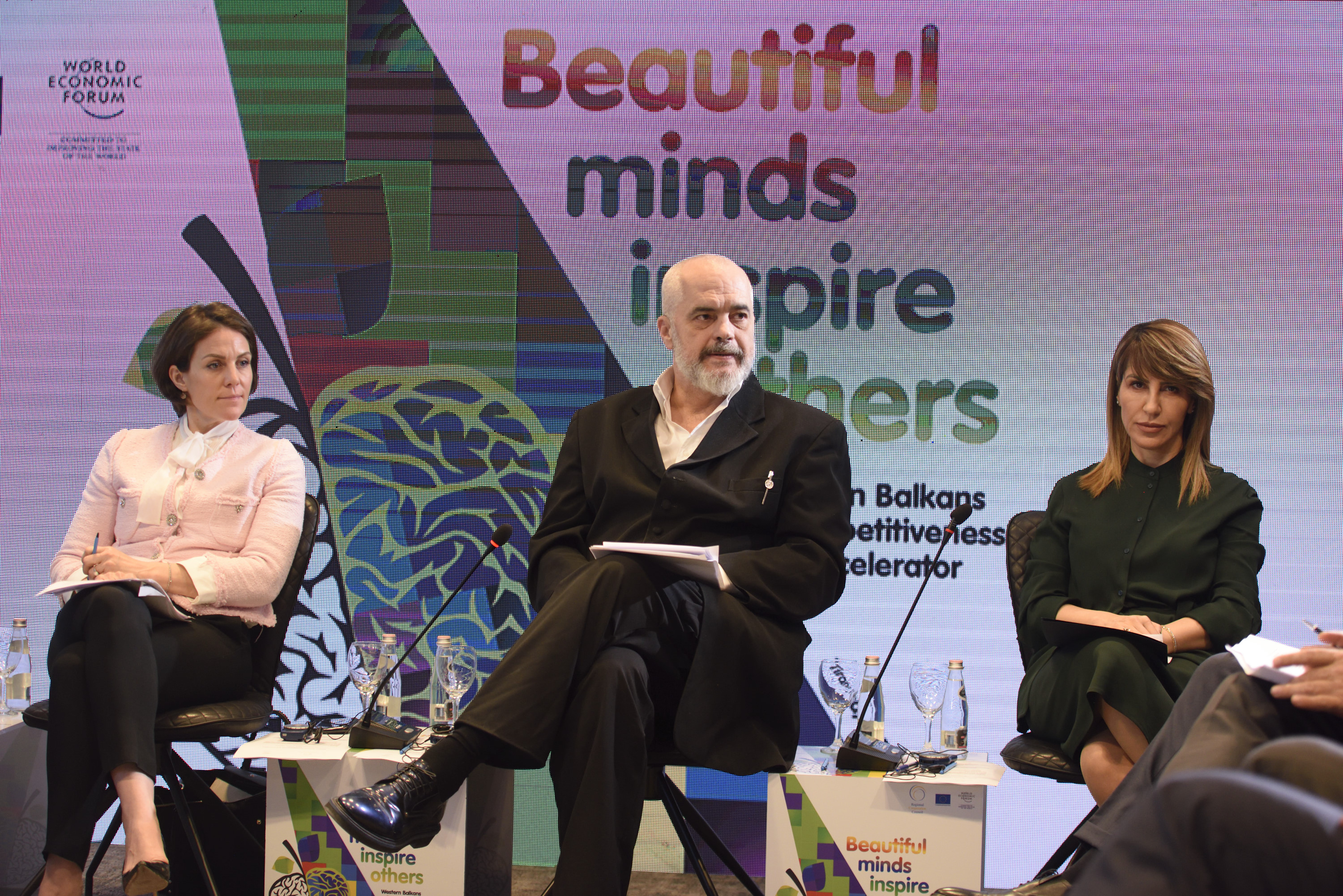 RCC Secretary General Majlinda Bregu (first right), Albanian Prime Minister, Edi Rama and Member of the Executive Committee and Head of Regional Strategies-Europe and Eurasia at the World Economic Forum Martina Larkin, at the kick-off meeting of the Western Balkans Innovation and Competitiveness Accelerator, on 21 February in Tirana. (Photo: RCC/Armand Habazaj)