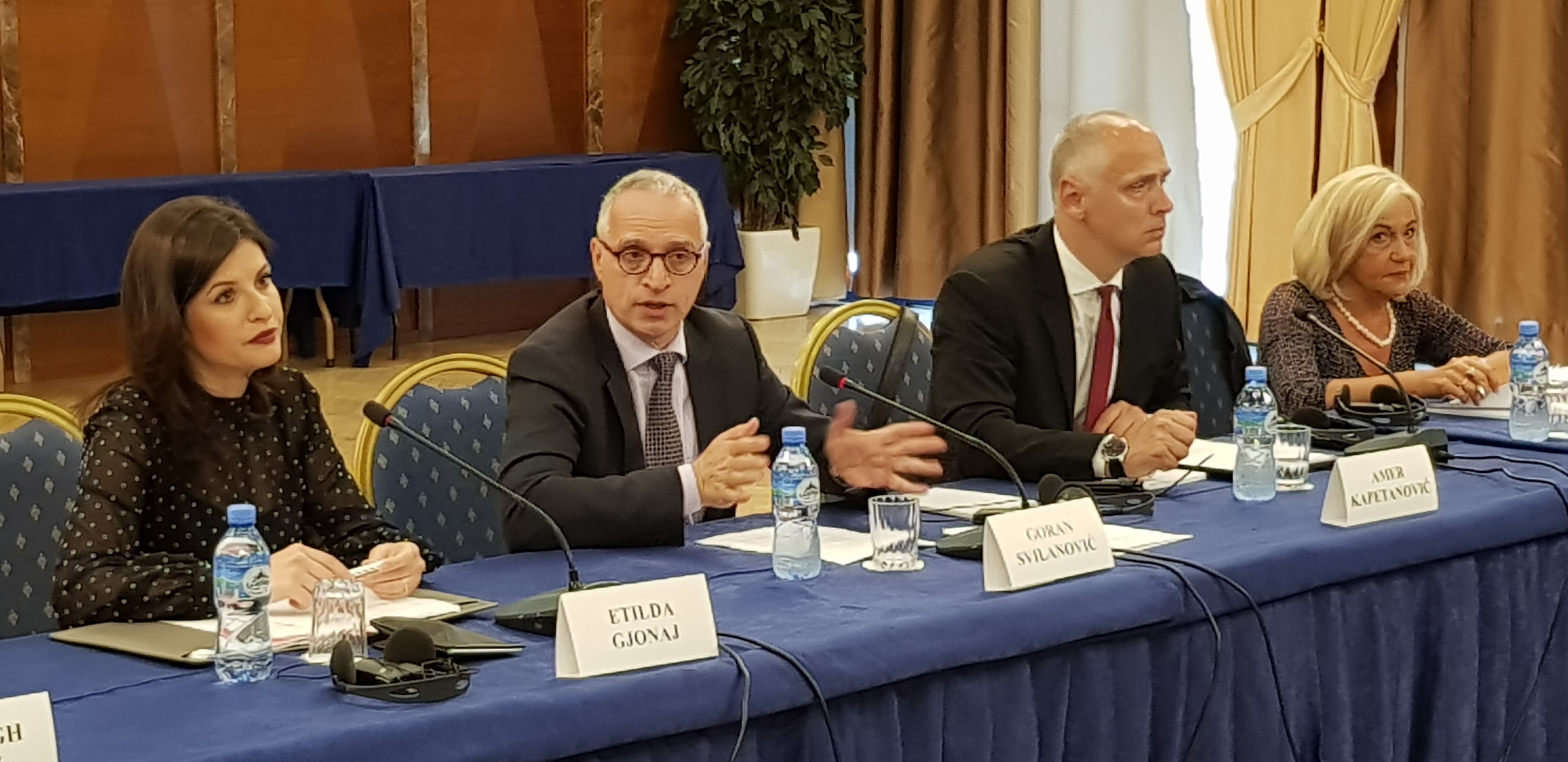 From left to right: Etilda Gjonaj, Albanian Minister of Justice, Goran Svilanovic, RCC Secretary General, Amer Kapetanovic, Head of Political Department of the RCC and Ivana Goranic, organization's Expert on Justice and Home Affairs at the  Cooperation of Region’s Judiciary in dealing with Terrorism and Violent Extremism Workshop, in Tirana on 30 May 2018. (Photo: RCC/Natasa Mitrovic) 