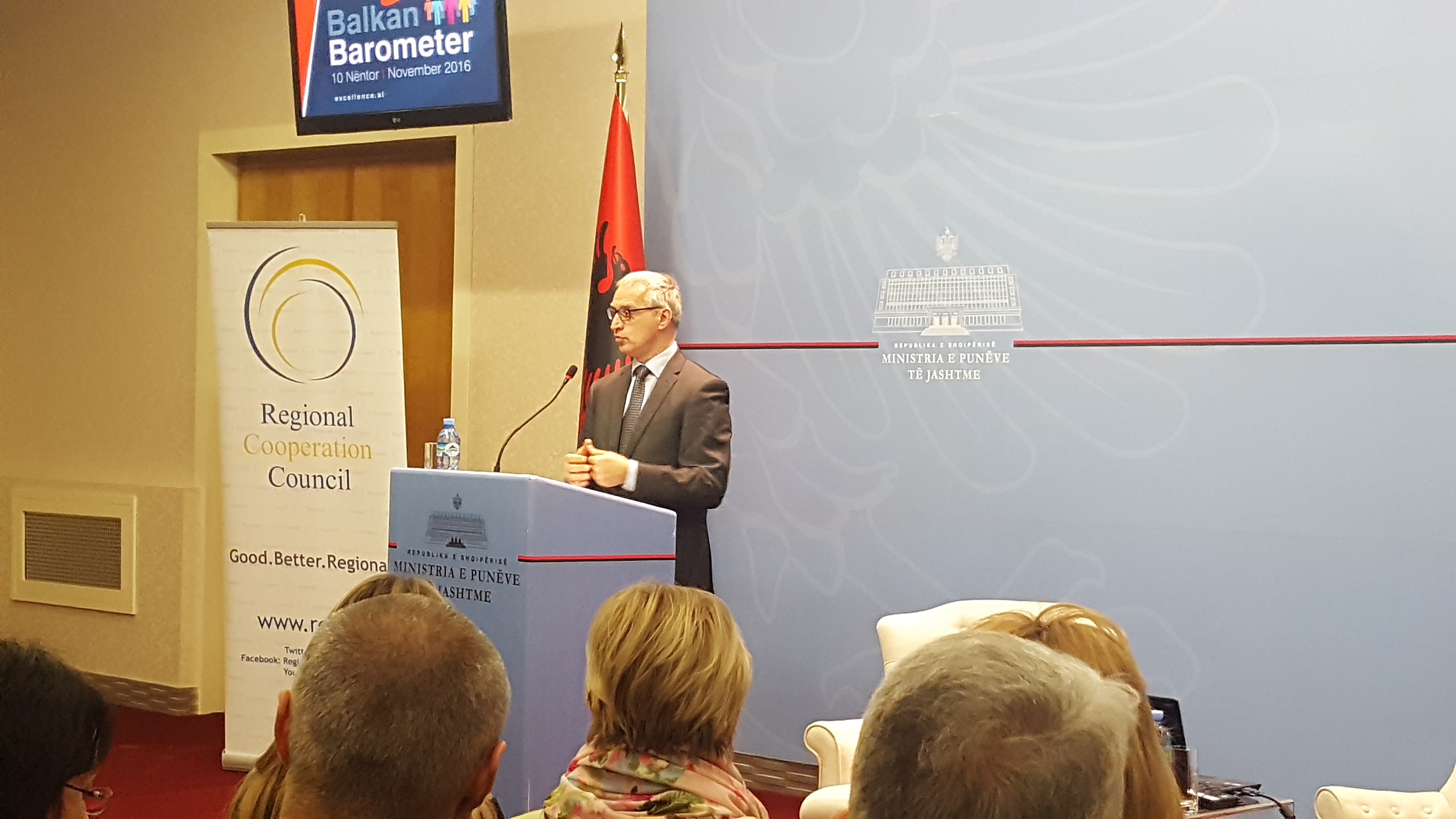 RCC Secretary General, Goran Svilanovic, presenting Balkan barometer 2016 results at the conference organized by the Albanian Ministry of Foreign Affairs, RCC and the Foundation Fridrich Ebert Stiftung, in Tirana, on 10 November 2016 (Photo: RCC/Alma Arslanagic Pozder)  