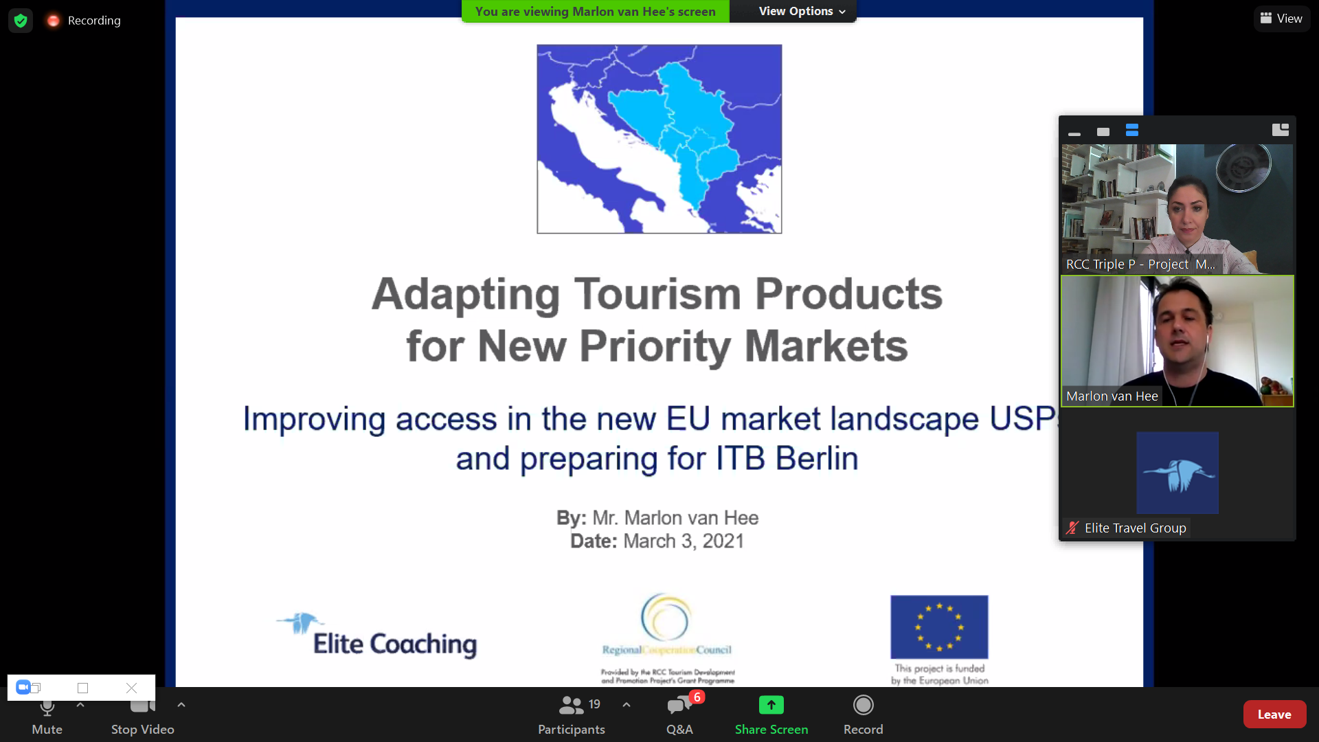 Adapting Tourism Products for New Priority Markets webinars organized by RCC Triple P project and Elite Travel Group