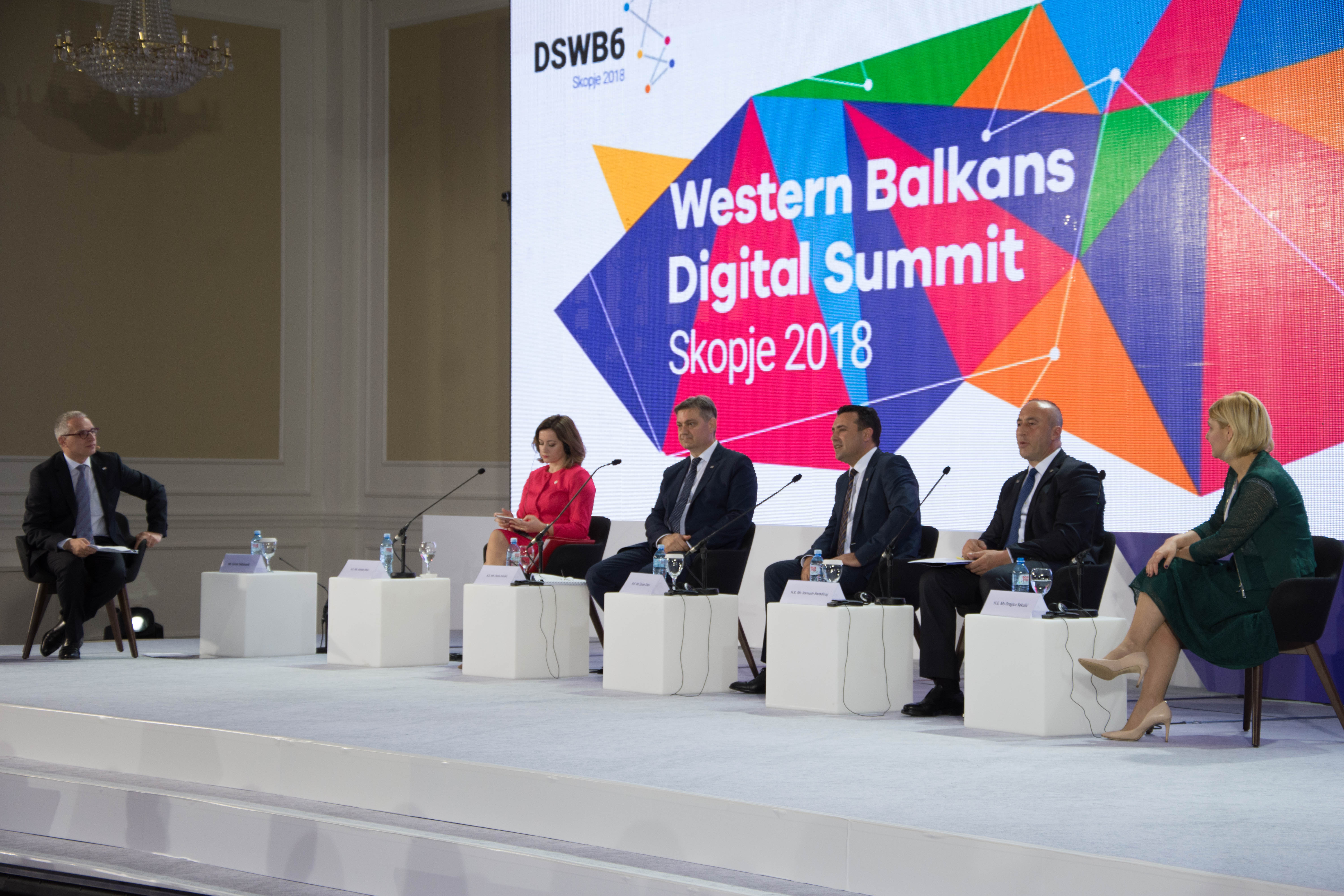 RCC Secretary General Goran Svilanovic (first left), with WB Prime Ministers Denis Zvizdic (second left), Zoran Zaev (centre) and Ramush Haradinaj (second right), at the first Western Balkan Digital Summit, on 18 April 2018 in Skopje. (Photo: Vedad Kamenjasevic)