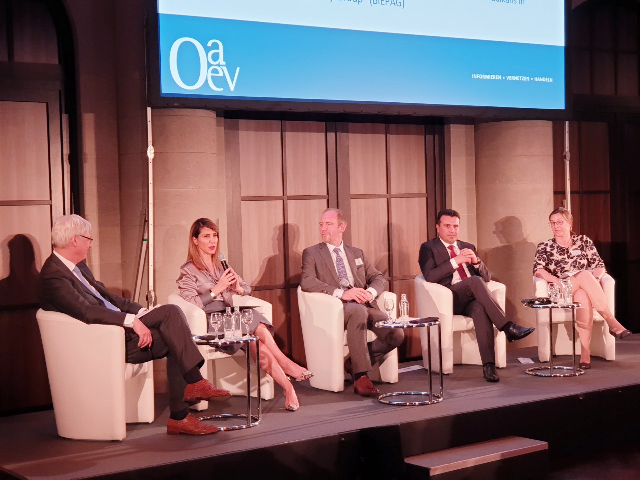 Majlinda Bregu, Secretary General  of the Regional Cooperation Council (RCC), at the Annual General Meeting of the German Eastern Business Association, in Berlin on 12 June 2019. On the photo (from left to right):  Thomas Kramer, Member of Deutsche Telekom Management Board, , Majlinda Bregu, RCC Secretary General, moderator Florian Bieber, Professor of Southeast European Studies, University of Graz, Zoran Zaev, Prime Minister of Republic of North Macedonia and Sabine Stohr of the German Foreign Ministry (Photo: RCC/Zoran Popov)