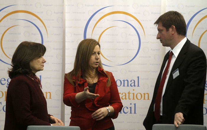 RCC hosted a two-day parliamentary seminar, organized jointly with the European Parliament, on 23-24 February 2011 in Sarajevo, BiH. At the photo: Jelica Minic (left), Deputy RCC Secretary General, Anna Ibrisagic (centre), Member of the EP’s Committee on Foreign Affairs, and Mladen Dragasevic, Head of RCC Building Human Capital and Parliamentary Cooperation Unit. (Photo: RCC/ Dado Ruvic)