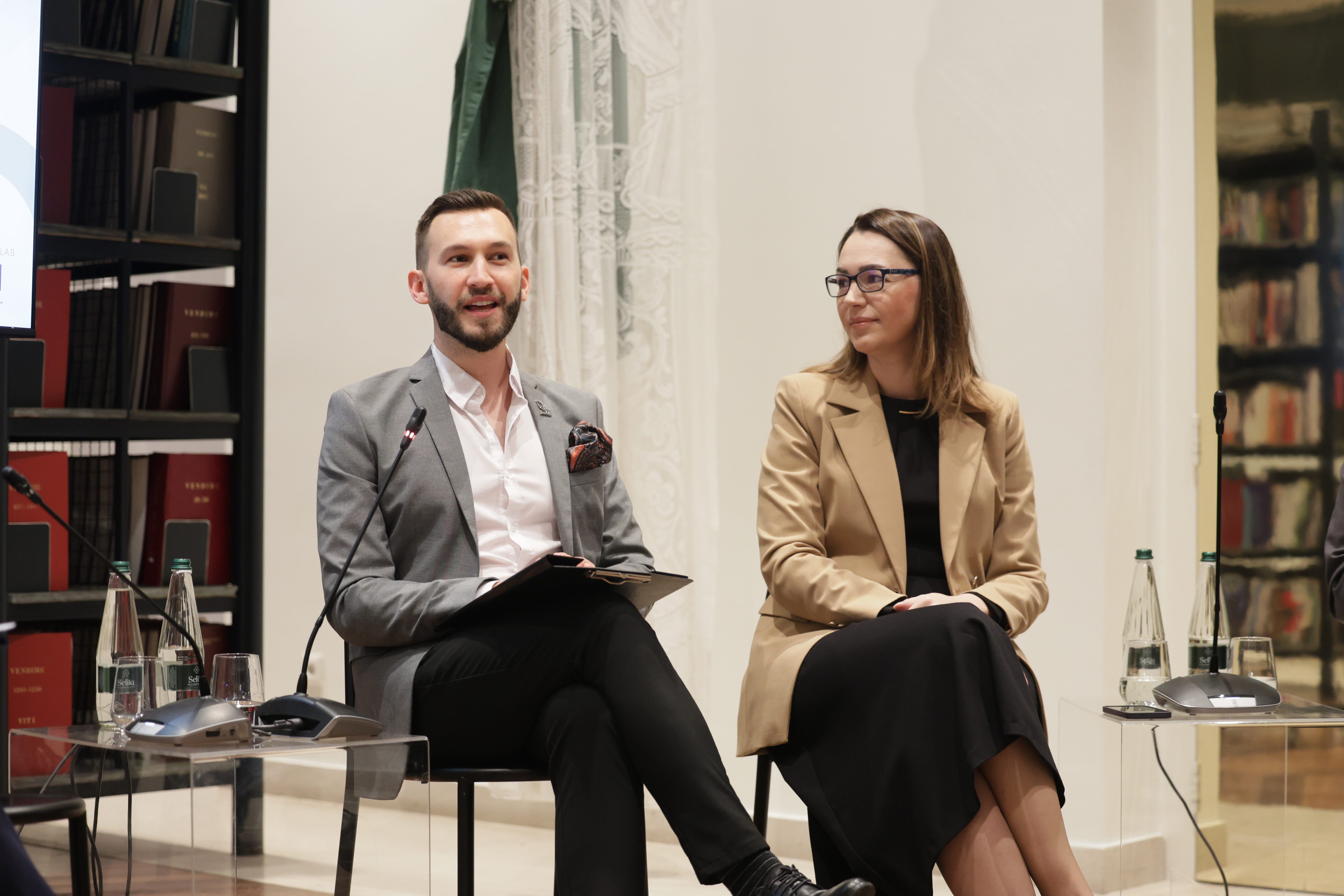 Danijela Gacevic, RCC's Head of Programme Department and Ognjen Markovic, Team Leader of the Western Balkans Youth Lab 2 hosting fourth Regional Fireside Talk, titled “The Growth Plan & Common Regional Market: Where Does Youth Fit In?”, in Tirana on 18 November 2025 (Photo: RCC/Henri Koci)