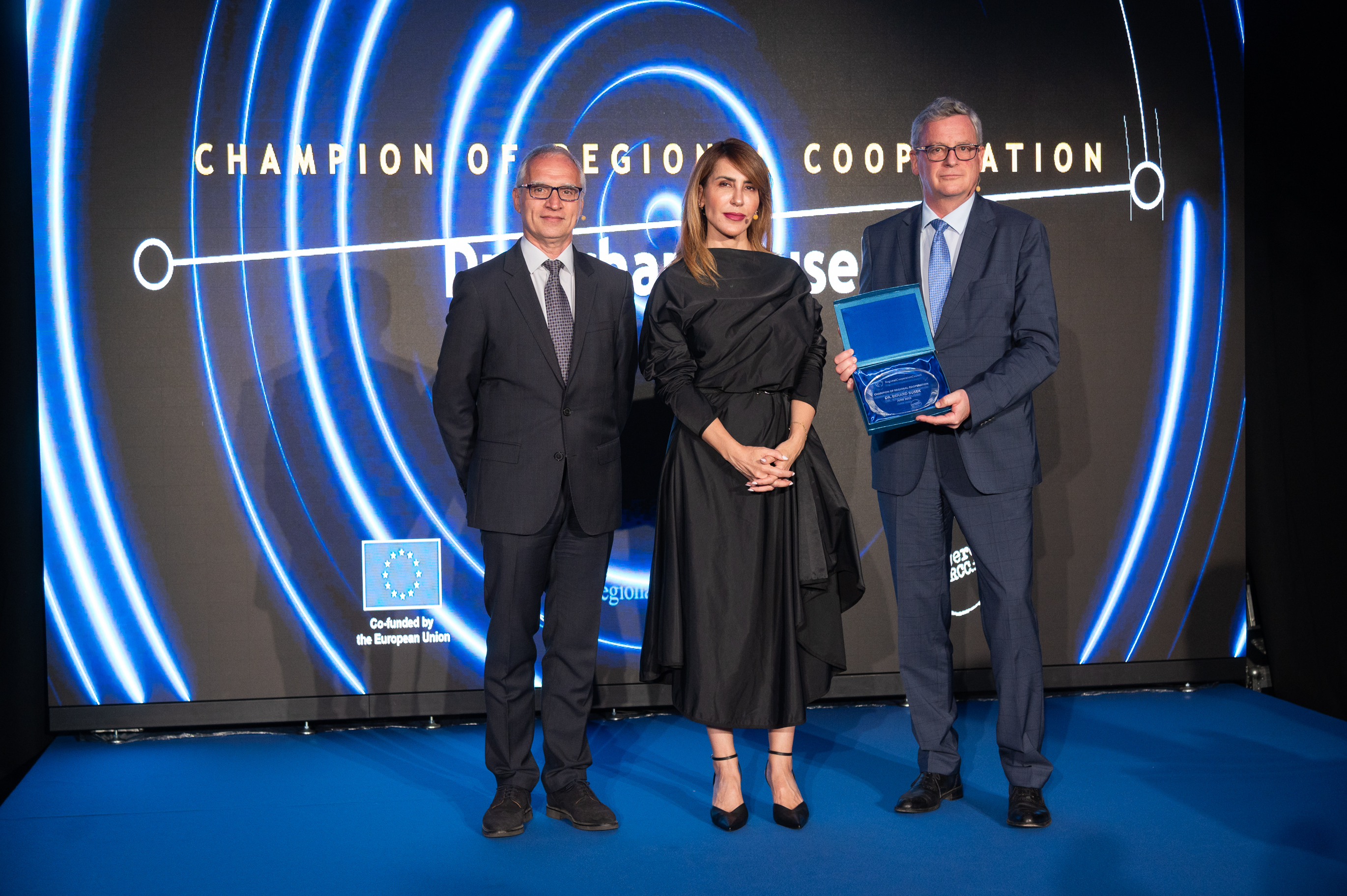 RCC Secretary General Majlinda Bregu with former Secretary General Goran Svilanovic and ambassador Eigner Johannes at the Champion of Regional Cooperation dr. Erhard Busek ceremony in Thessaloniki on 9 June 2022 (Photo: Armand Habazaj)