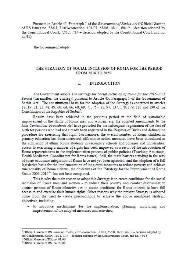 Strategy of Social Inclusion of Roma for the Period from 2016 to 2025 - Serbia 
