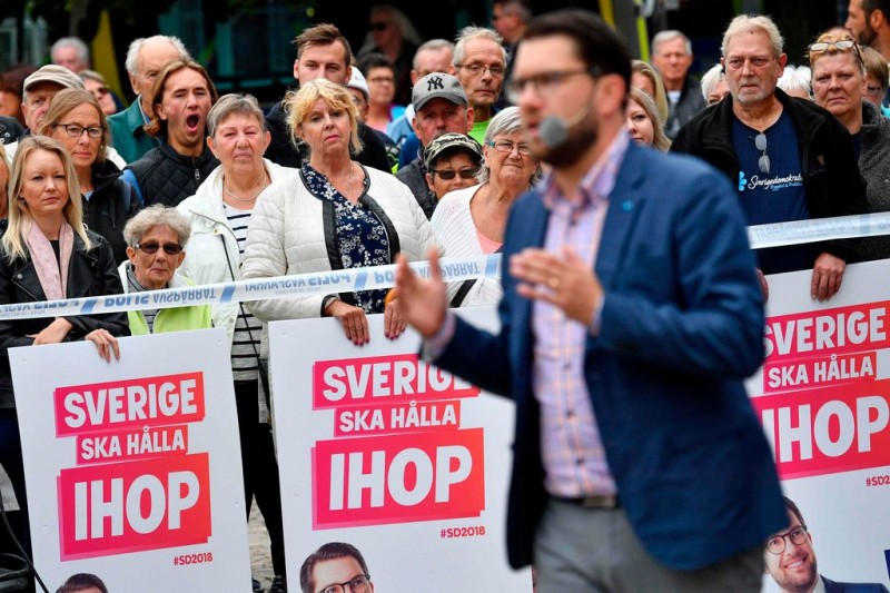 Jimmie Akesson, the leader of the far-right Sweden Democrats party, campaigning last month.CreditJohan Nilsson/Agence France-Presse — Getty Images