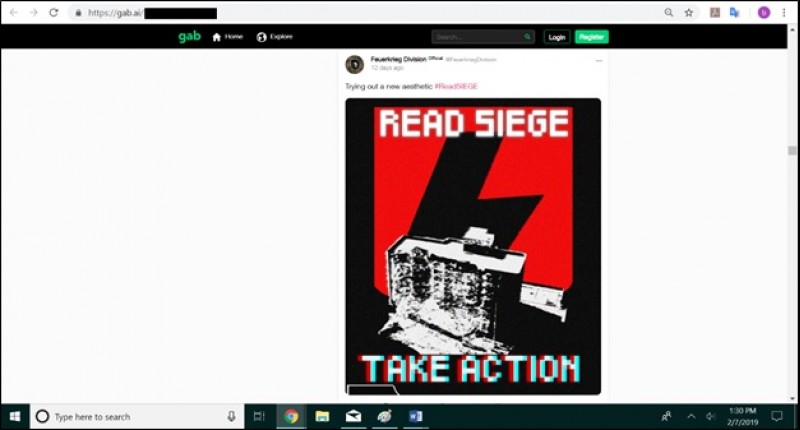 Photo: Propaganda image on Feuerkrieg Division’s Gab account, depicting the Oklahoma City Bombing and promoting Siege and the group. Located on February 7, 2019. (Credit: CEP)