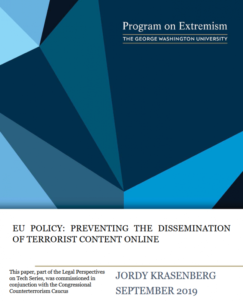 Photo: Cover page: EU policy: preventing the dissemination of terrorist content online. Credit: extremism.gwu.edu
