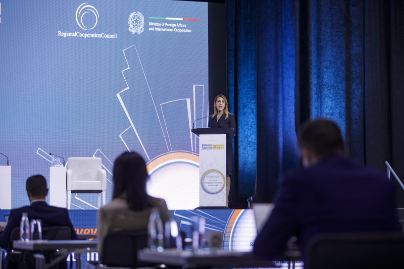 RCC Secretary General Majlinda Bregu at the launch of the Western Balkans SecuriMeter - the first-ever regional Public Opinion Survey on Security, in Sarajevo on 24 May 2021 (Photo: RCC/Armin Durgut) 