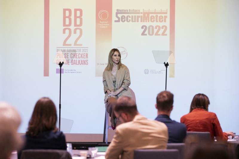 RCC Secretary General Majlinda Bregu giving opening remarks at the presentation of Balkan Barometer and SecuriMeter 2022 results, on 24 June 2022 in Brussels (Photo: RCC/Laure Geerts) 