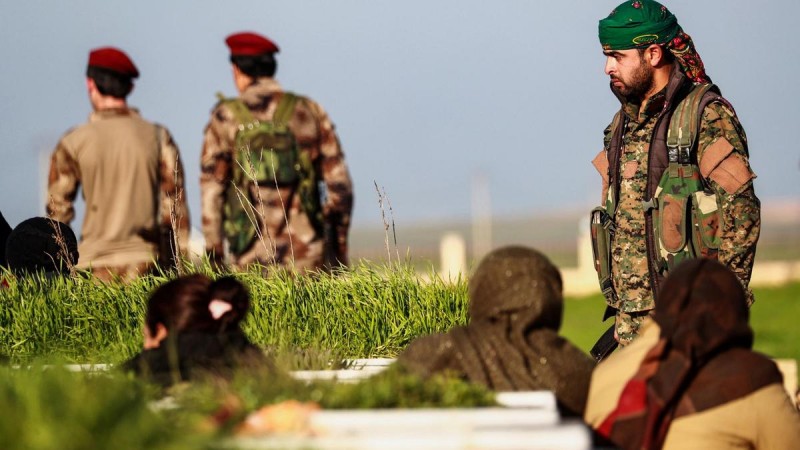 Funeral for a fighter for the Syrian Democratic Forces (SDF), killed while fighting ISIS in Hajin, Syria. Delill Souleiman / AFP 