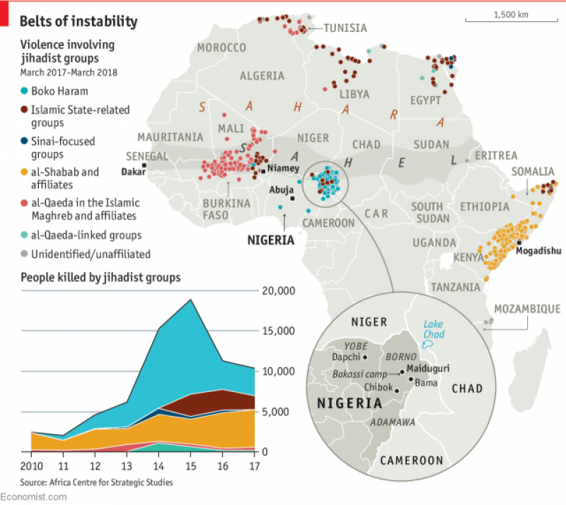 Belts of instability: Violence involving jihadists group Photo: Economist.com