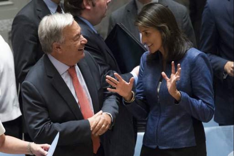 United Nations Secretary-General Antonio Guterres, left, talks to American Ambassador to the United Nations Nikki Haley before a Security Council meeting on threats to international peace and security caused by terrorist acts, Thursday, Aug. 23, 2018 at United Nations headquarters. (AP Photo/Mary Altaffer), The Associated Press