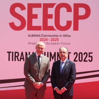 RCC Secretary General Amer Kapetanovic with the President of Albania Bajram Begaj ahead of the SEECP Summit held in Tirana on 16 June 2025 (Photo: Armand Habazaj)