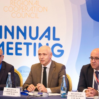 RCC held its Annual Meeting in Tirana on 16 June 2025. 17th Annual Meeting was co-chaired by Amer Kapetanović, RCC Secretary General (in the middle), and Gazmend Barbullushi, Director General at the Ministry for Europe and Foreign Affairs of Albania as Chair-in-Office of the SEECP (on the left), together with RCC Deputy Secretary General/ Senior Economic Policy Analyst/ SEE 2030 Coordinator Arslan Umut Ergezer (Photo: RCC/Armand Habazaj)