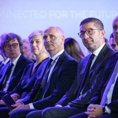 PM of North Macedonia Hristijan Mickoski and RCC SG Amer Kapetanovic at the opening of Western Balkans Digital Summit co-organised by the Government of North Macedonia and the Regional Cooperation Council (RCC) in Skopje on 2 October 2025 (Photo: RCC/Ognen Acevski)