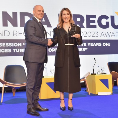 RCC secretary General Majlinda Bregu receiving the annual Prespa Forum Dialogue Award from the Prime Minister of North Macedonia Dimitar Kovachevski at a ceremony held on 15 June 2023 (Photo: RCC/Dimitar Miladinov)