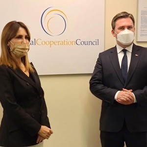 RCC Secretary General Majlinda Bregu with Minister of Foreign Affairs Nikola Selakovic talked discussed the regional cooperation and the implementation of the Common Region Market Action Plan in Sarajevo's RCC headquarter on 17 March 2021 (Photo: RCC/Selma Ahatovic-Lihic)