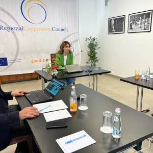 RCC Secretary General, Majlinda Bregu with the Head of RCC Political Department, Amer Kapetanovic and Head of Office of the Secretary General, Elda Kalaja heading the 45th meeting of the RCC Board on 16 March 2022