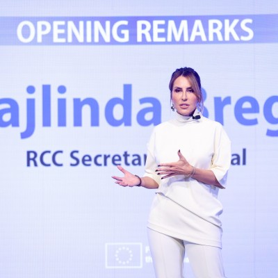 RCC Secretary General Majlinda Bregu opening the 4th edition of Balkathon, on 3 October 2023 in Sarajevo (Photo: RCC/Armin Durgut)