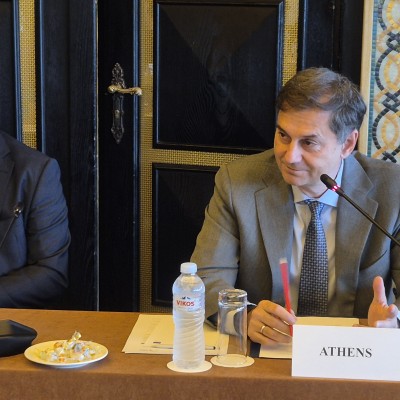 Arslan Umut Ergezer, RCC Deputy Secretary General and Harry Theoharis, Deputy Minister of Foreign Affairs of Greece co-chaired the inaugural meeting of the South East Europe (SEE) Regional Network on Disaster Risk Insurance and Risk Sharing on 19 November 2025 in Athens (Photo: RCC/Natasa Mitrovic)