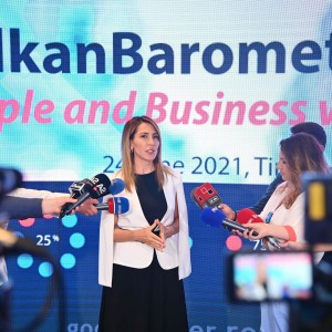Secretary General Majlinda Bregu at the launch of Balkan Barometer 2021 in Tirana on 24 June 2021 (Photo: RCC/Armand Habazaj)