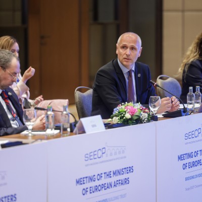 Amer Kapetanovic, Head of RCC’s Political Department speaking at the meeting of SEECP Ministers of European Affairs in Skopje on 27 March 2024 (Photo: RCC/Ognen Acevski)