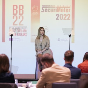 RCC Secretary General Majlinda Bregu giving opening remarks at the presentation of Balkan Barometer and SecuriMeter 2022 results, on 24 June 2022 in Brussels (Photo: RCC/Laure Geerts)