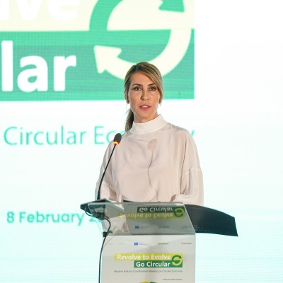 RCC Secretary General Majlinda Bregu addressing the Revolve to Evolve - Go Circular Western Balkans Coordination Meeting, in Pristina on 8 February 2024 (Photo: RCC/Andi Qarri) 
