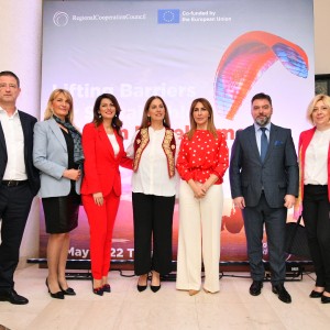 From left to right: George Tziallas, Regional Director for Europe and North Africaat 
World Travel & Tourism Council (WTTC) , Aleksandra Gardasevic-Slavuljica, Director General for Tourism Developing 
Policies, Ministry of Economic Development and Tourism from Montenegro, Tatjana Matic, Minister of Trade, Tourism and Telecommunication, Serbia,  Mirela Kumbaro, Minister of Tourism and Environment from Albania, RCC Secretary General Majlinda Bregu, Stasa Kosarac, Minister of Foreign Trade and Economic Relations, Bosnia and Herzegovina and Edita Djapo, Minster of tourism of Fedaration BiH at the the ministerial conference on “Lifting Barriers for Sustainable Tourism Development in the Western Balkans”, in Tirana on 12 May 2022 (Photo: RCC/Armand Habazaj)