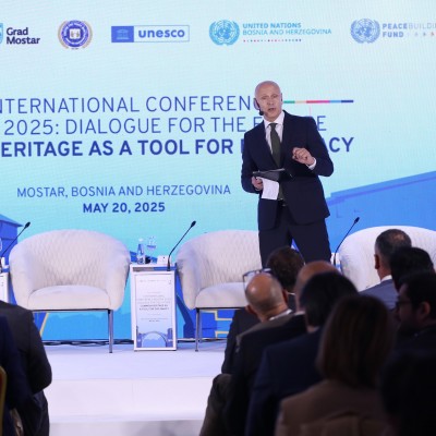 RCC Secretary General Amer Kapetanovic speaking at the high-level  Diplomatic Panel: “Shared Heritage as a Tool of Diplomacy”, held in Mostar on 20 May 2025 (Photo: RCC/Jasmin Sakovic)