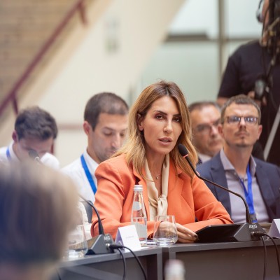 RCC Secretary General Majlinda Bregu speaking at the Berlin Process Forum of Economy Ministers in Tirana on 26 September 2023 (Photo: RCC/Ani Media)